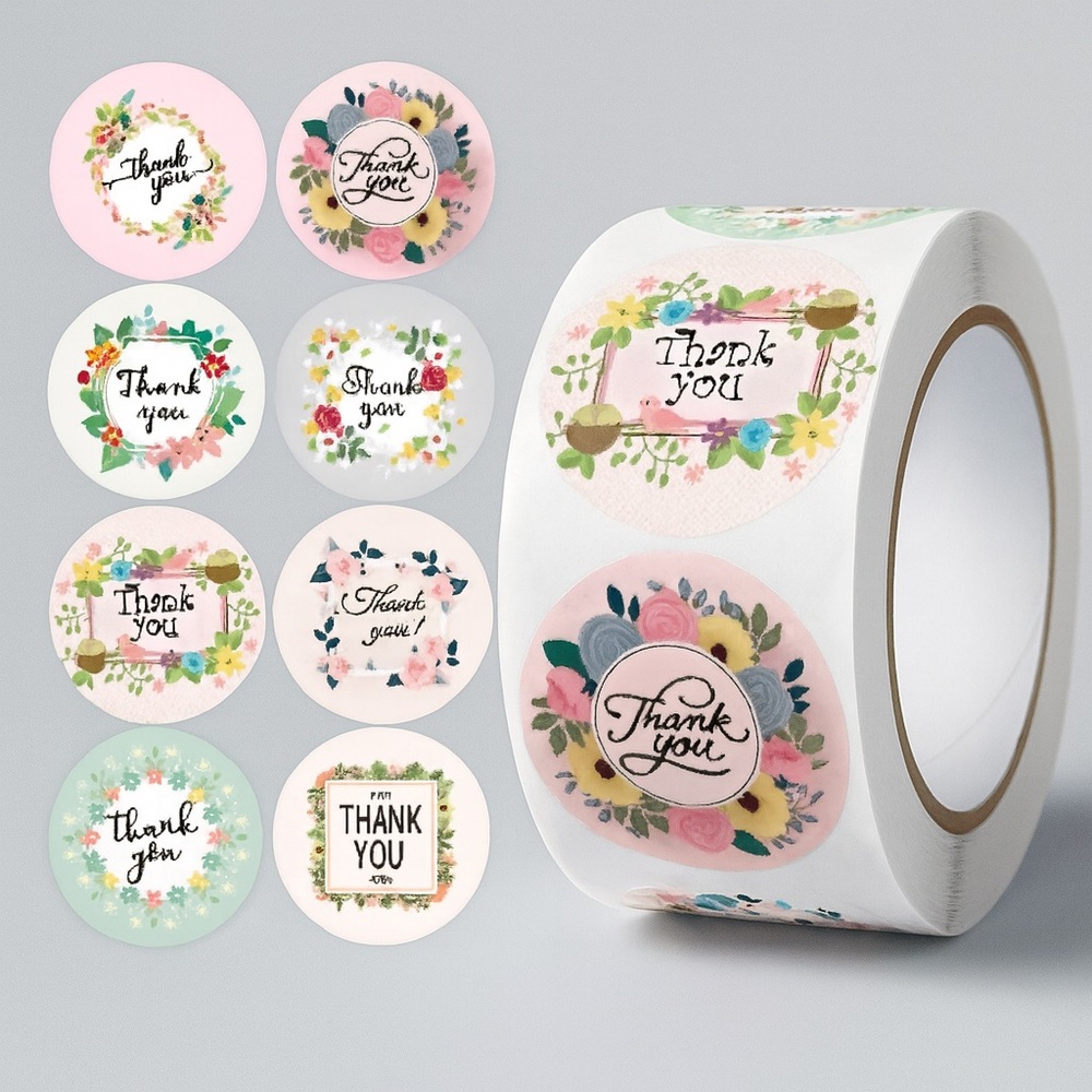 Thank You Sticker Adhesive Label Envelope Seal Decorative Package Flower 1"